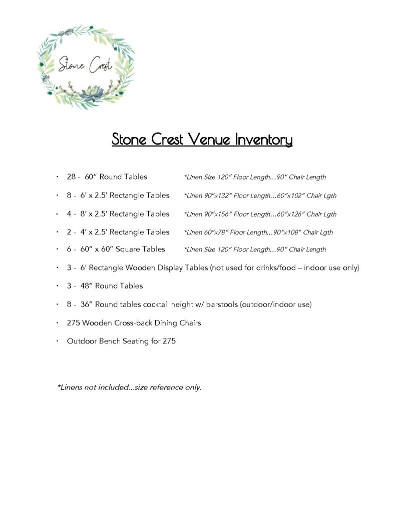 SC-Inventory-List-2021-1-pdf-791x1024-1 - Stone Crest Venue Document titled 'Stone Crest Venue Inventory' with a green leafy circular logo top-left; lists venue furniture and quantities (round/rectangular tables, wooden display tables, chairs) and notes about linens.
